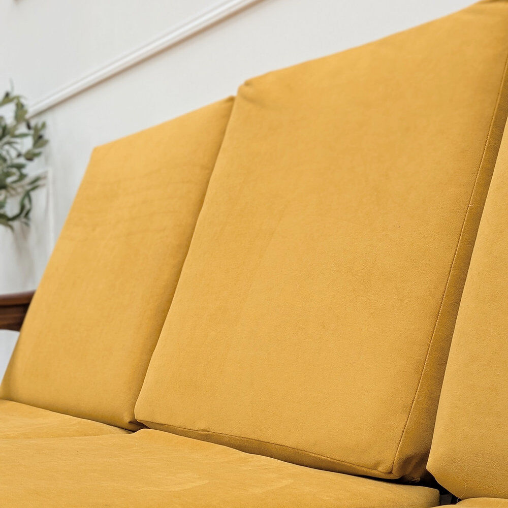 Second-hand Danish teak canapé, reupholstered in yellow, 1960s.