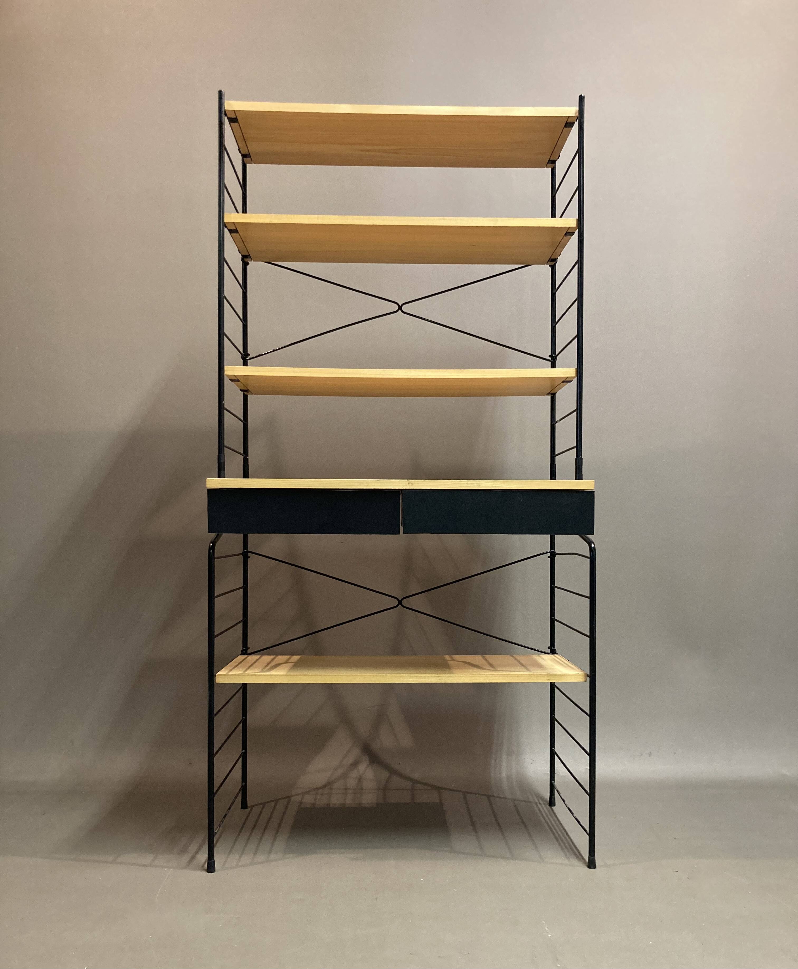 Modular bookcase and stool in black metal and beech, 1960