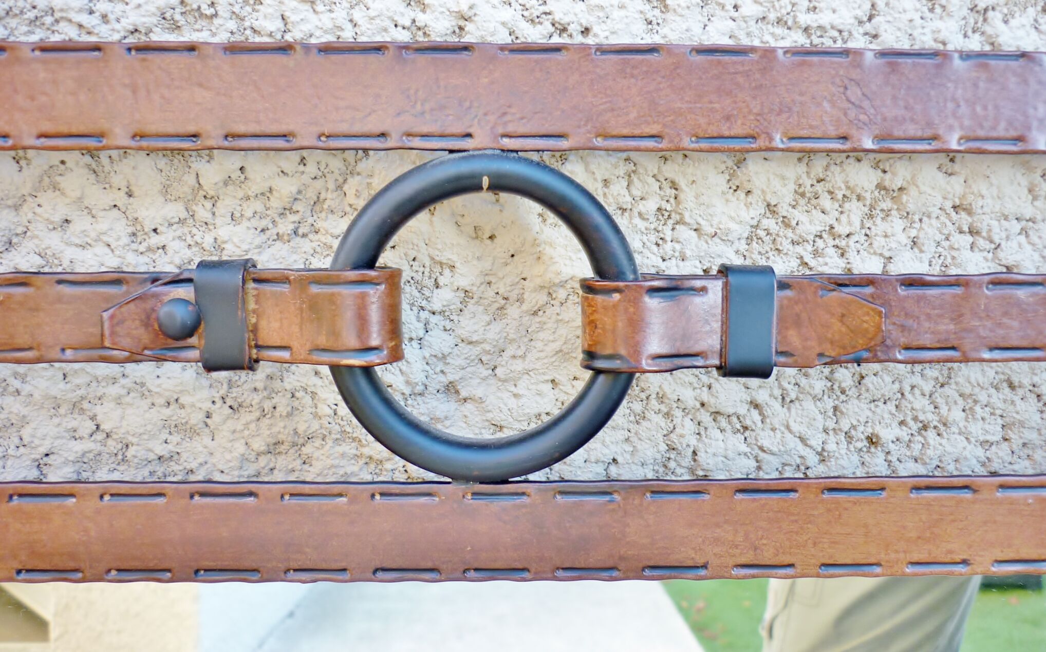 Metal mirror, wrought iron imitation leather straps and horse harness