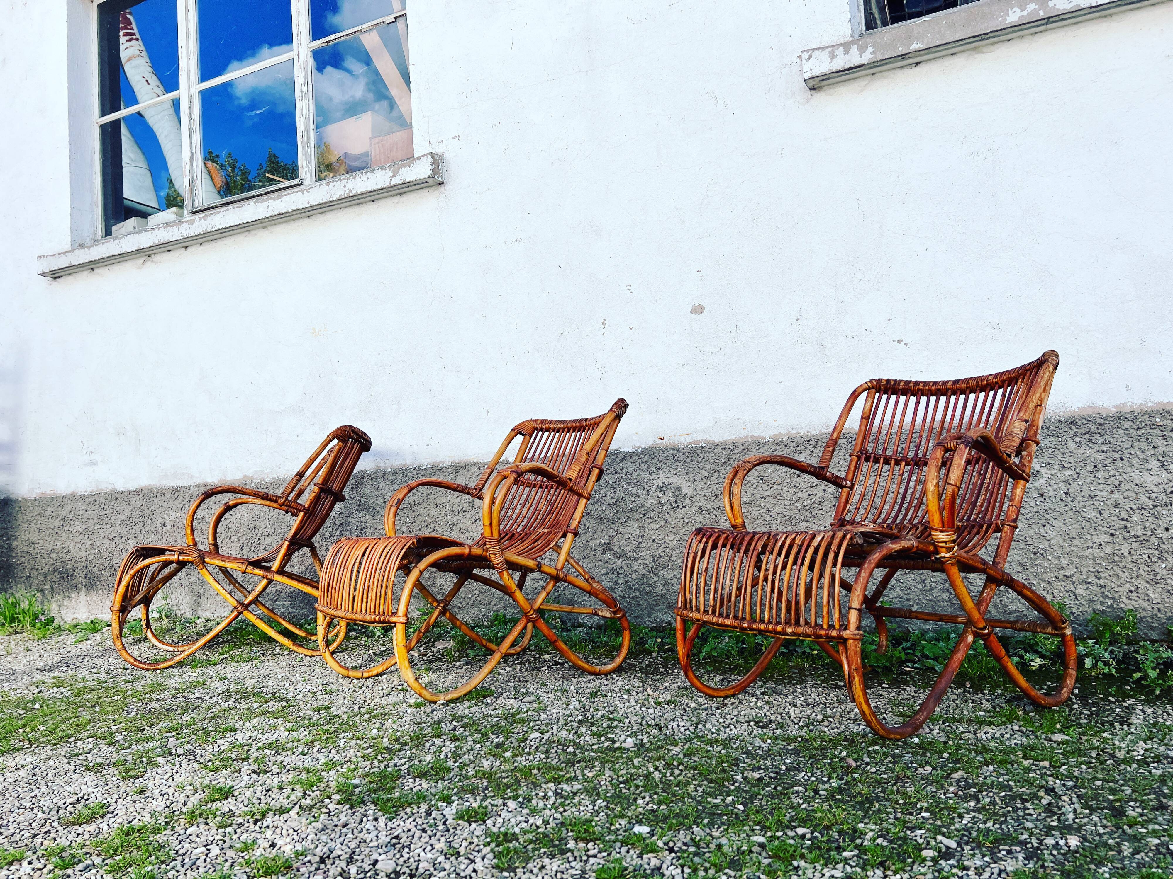 Trio de 3 fauteuils chaises rotin bambou vintage 1950