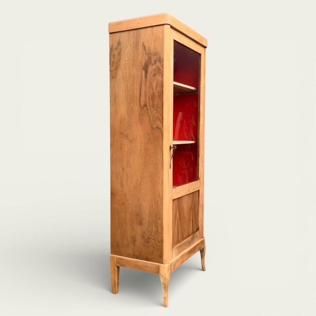 Vintage glass-fronted cabinet, raw wood, 1950s