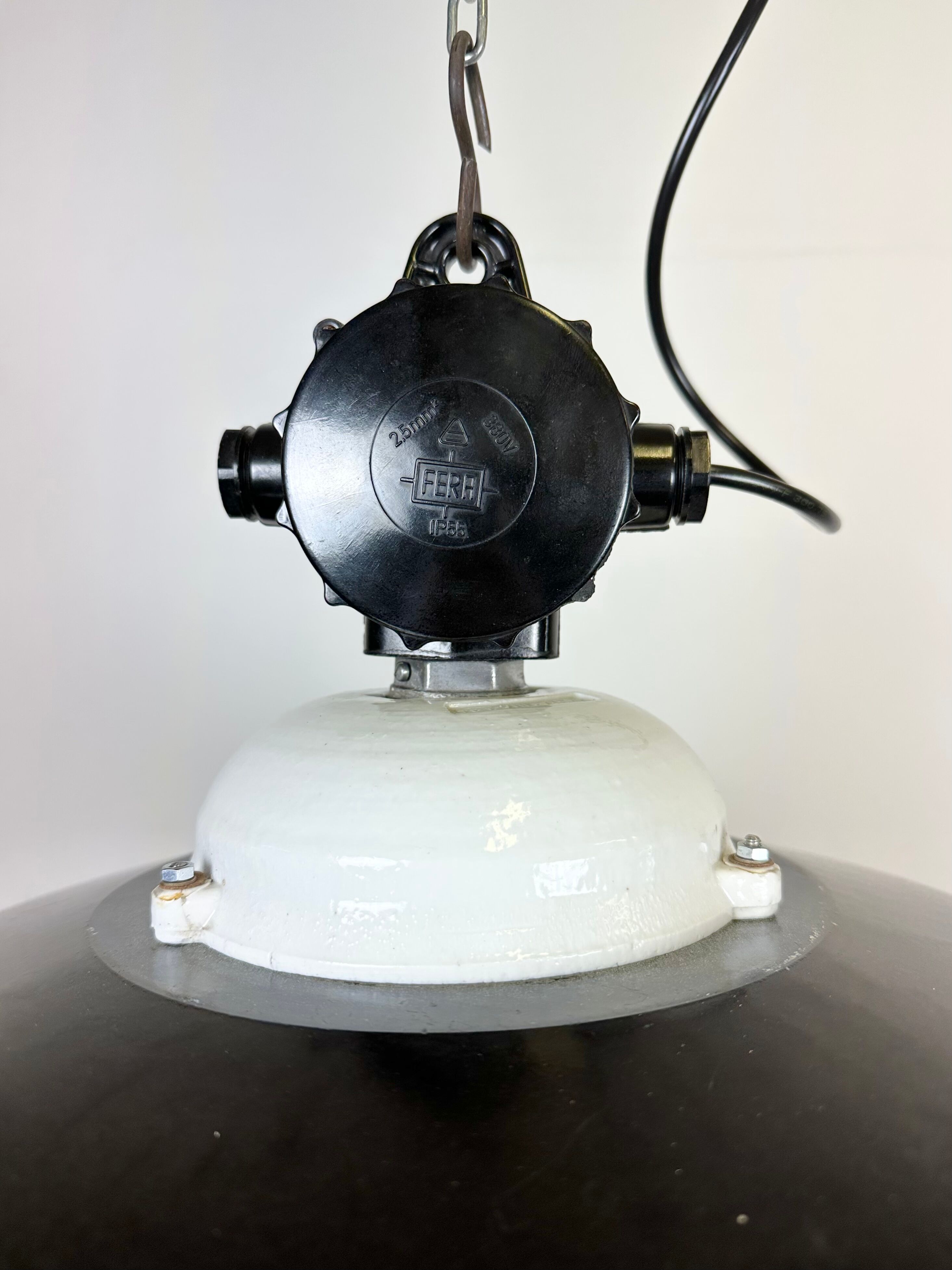 Industrial black enamel lamp with glass cover, 1950s