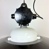 Industrial black enamel lamp with glass cover, 1950s