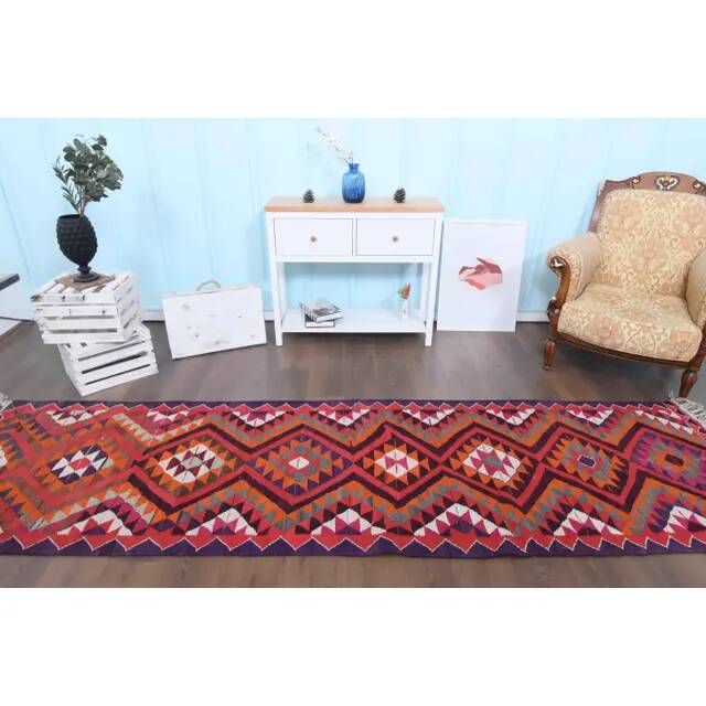 1970s Vintage Turkish Hand-Knotted Wool Cotton Pink Runner Rug 91x340