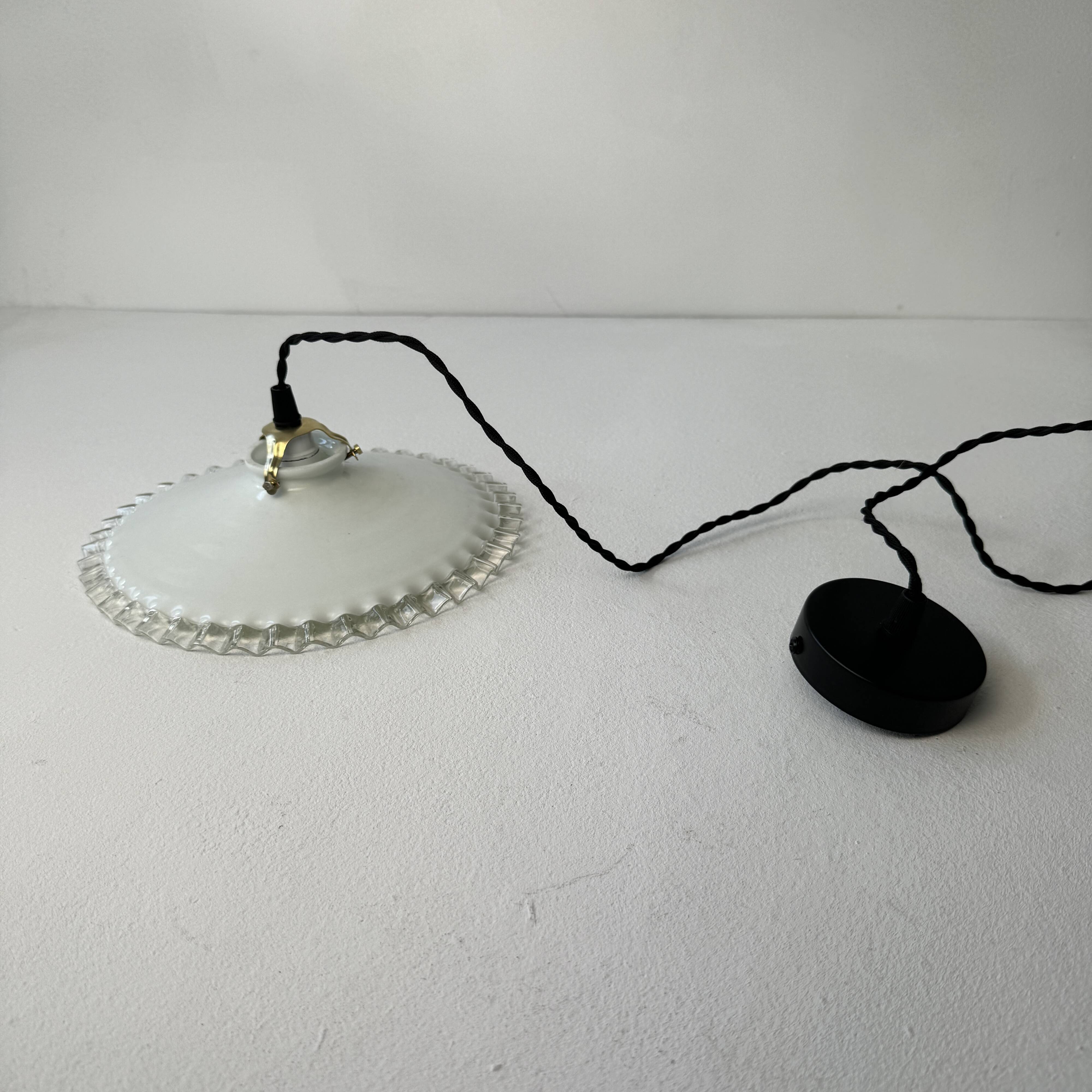 Vintage opaline glass pendant light with scalloped edges, 24 cm