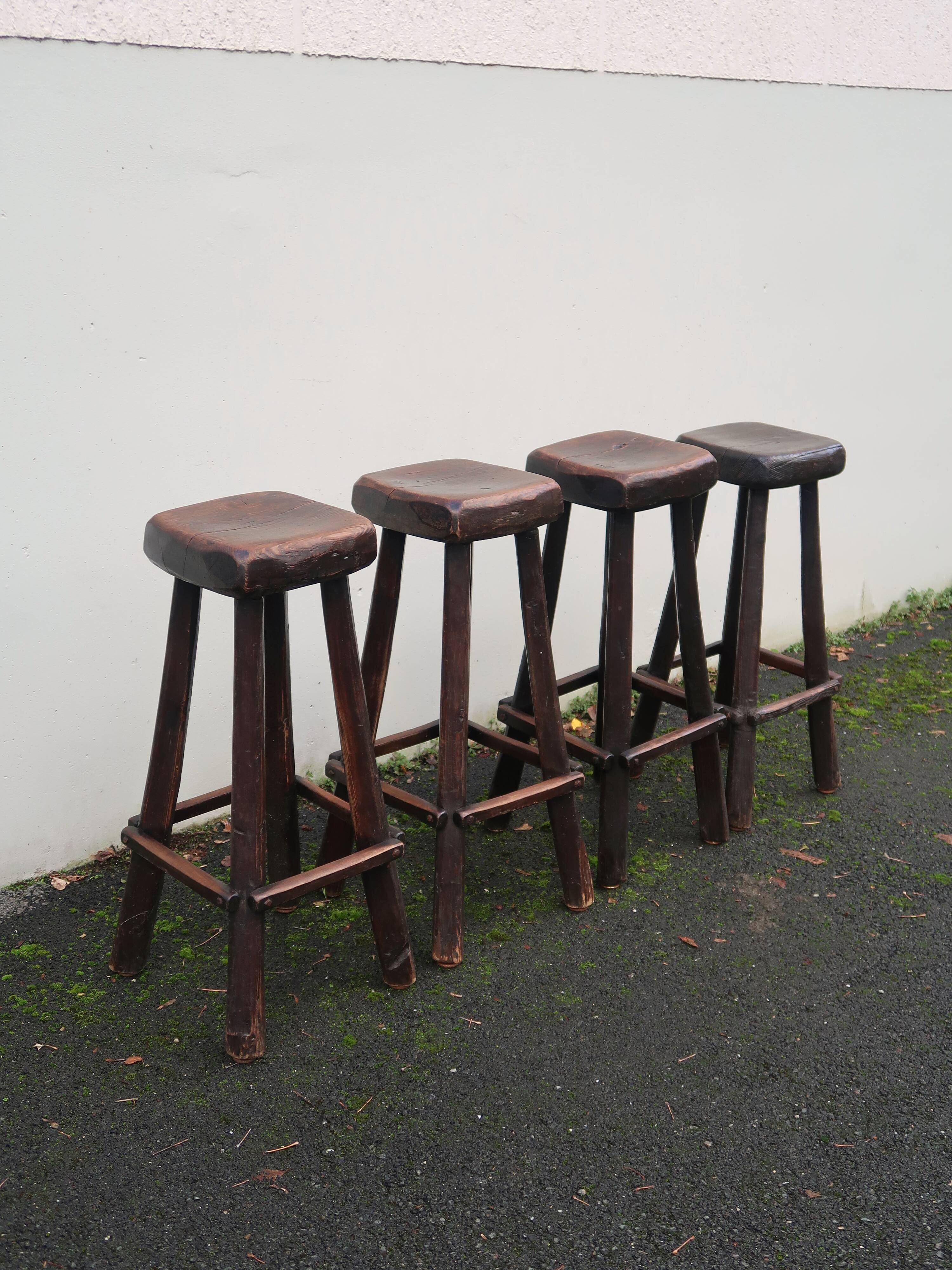4 vintage brutalist solid wood bar stools