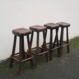 4 vintage brutalist solid wood bar stools