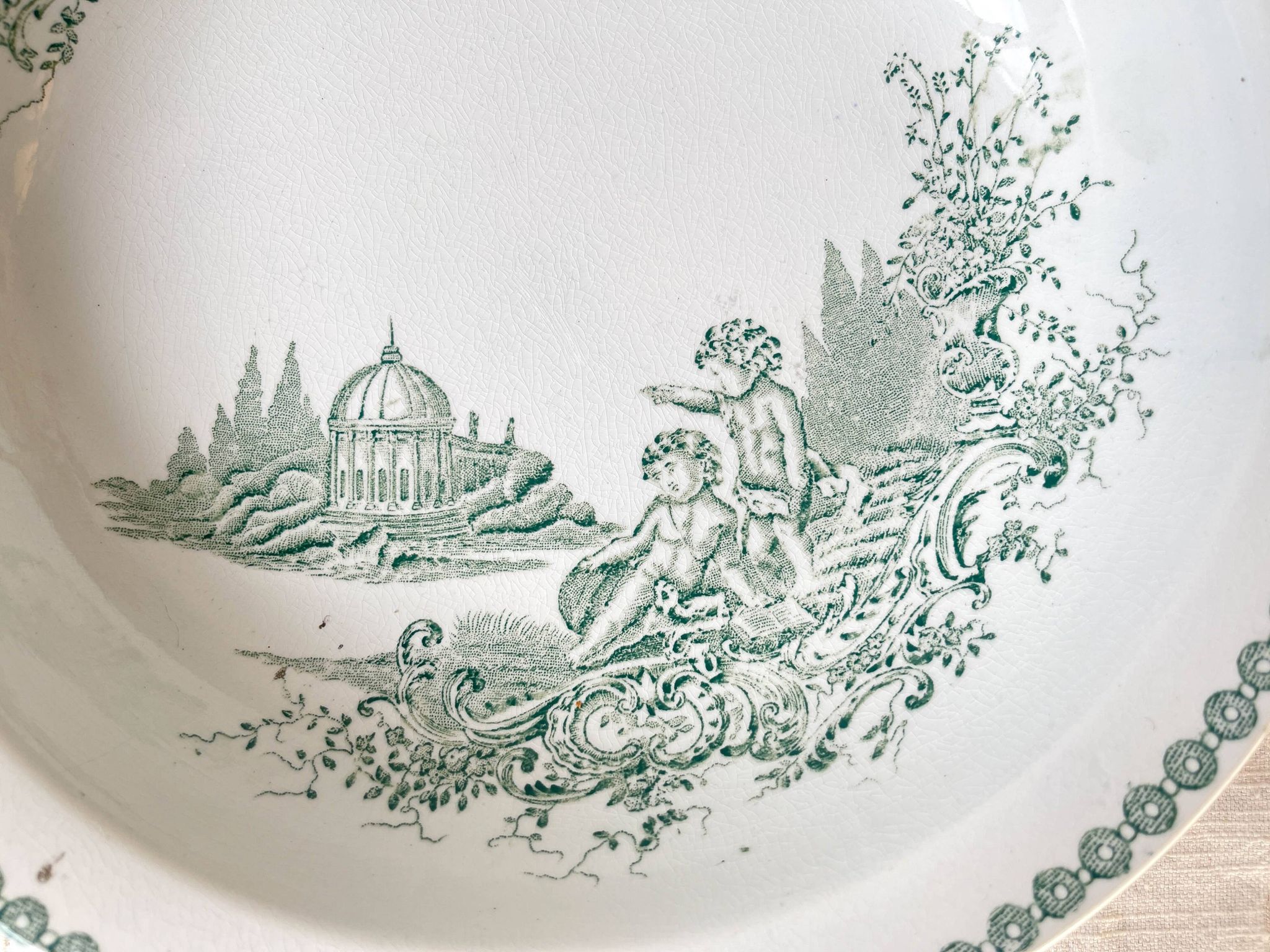Vintage hollow dish French Terre de Fer St Amand TRIANON cherub motif 19th century