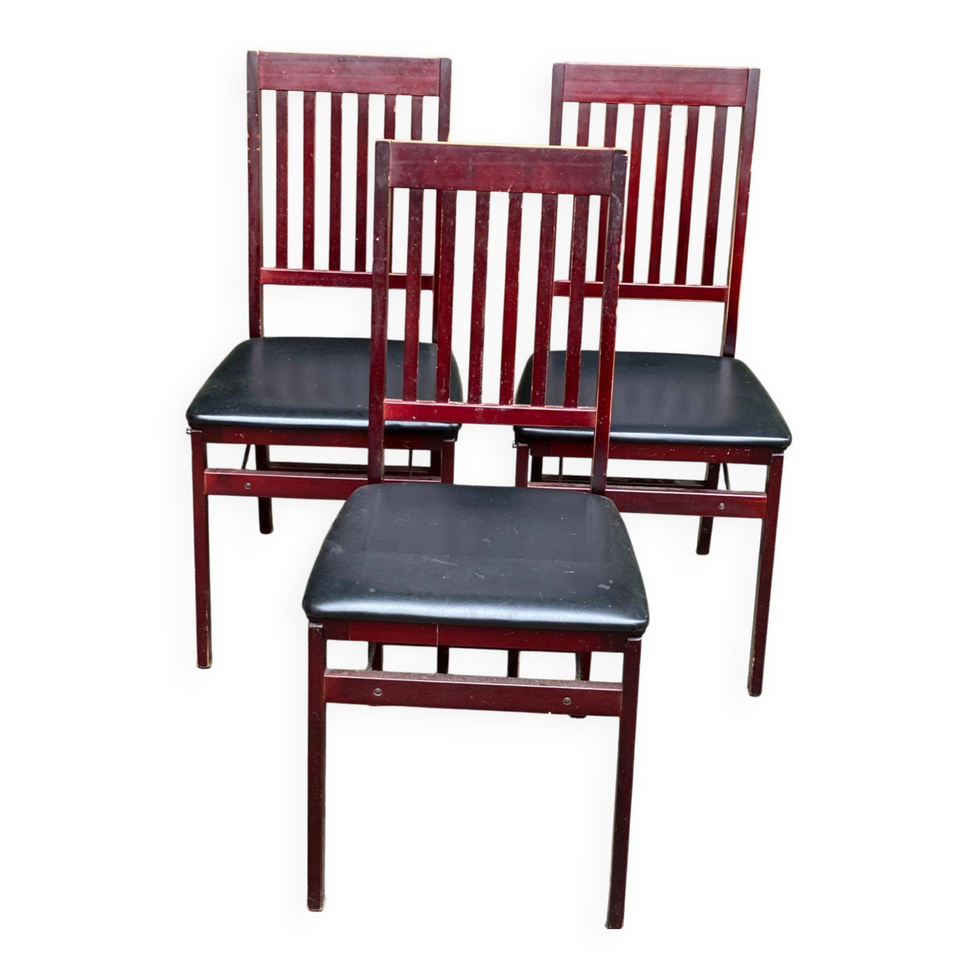 3 Scandinavian design chairs from the 1970s, solid wood, burgundy and black leather