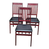 3 chaises design scandinave 1970 bois massif bordeaux et cuir noir