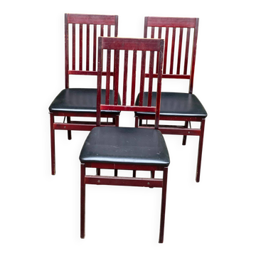 3 Scandinavian design chairs from the 1970s, solid wood, burgundy and black leather