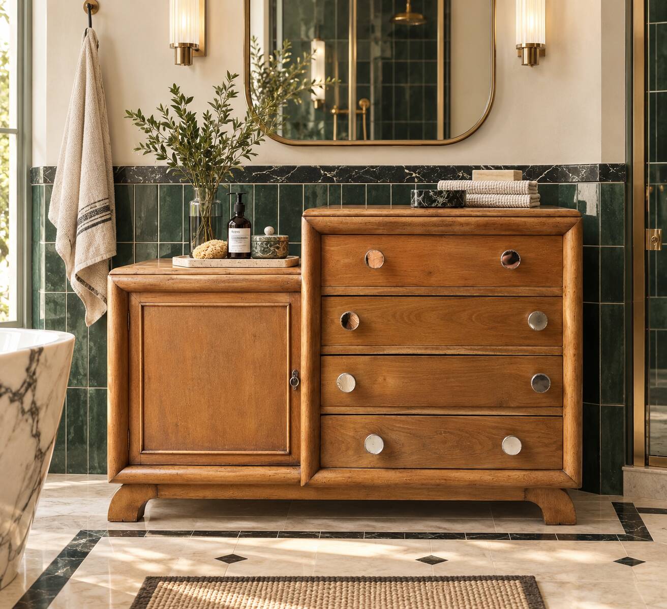 Commode asymétrique art déco chêne brut rénovée