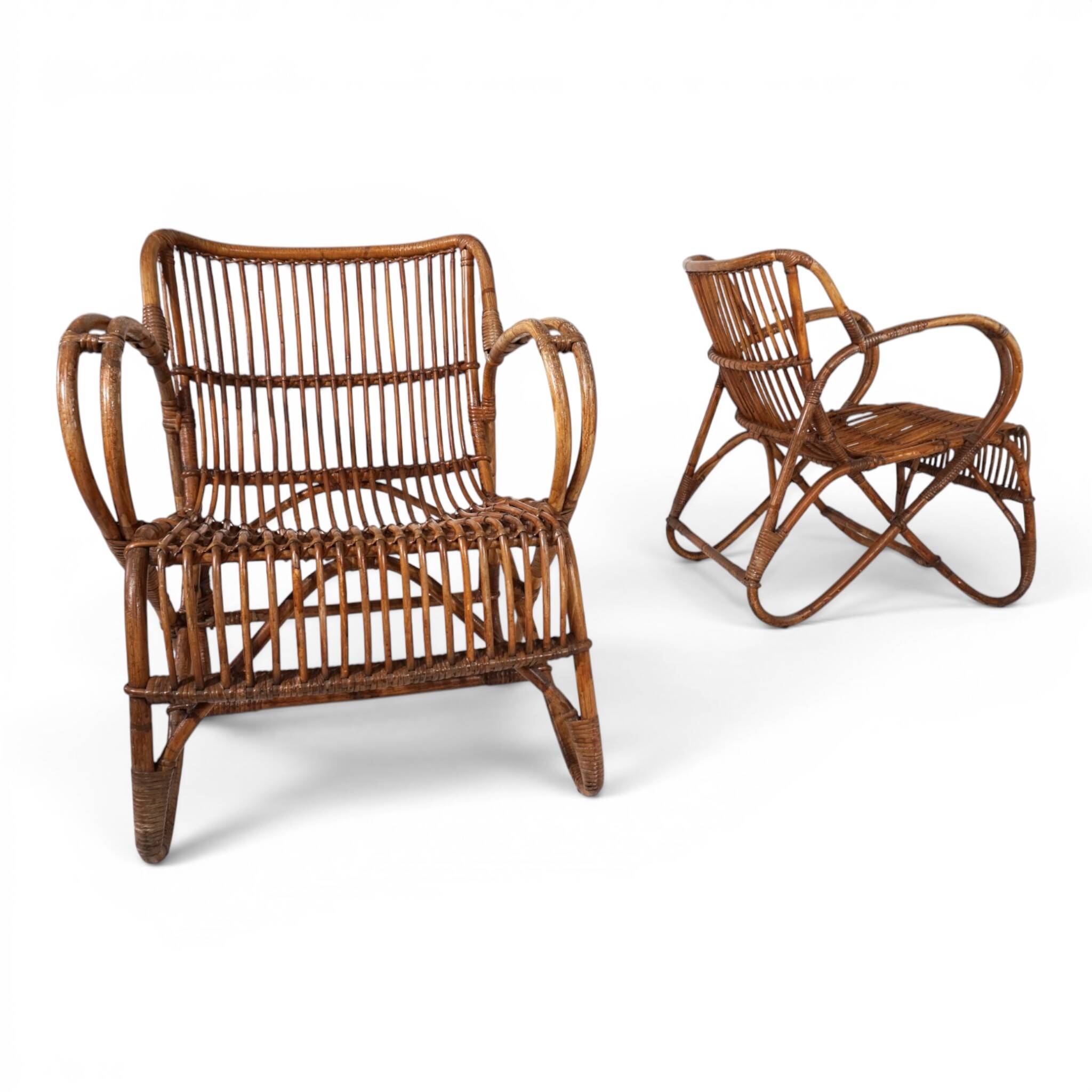 French Pair Vintage Rattan Bamboo Lounge Chairs, 1960