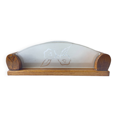 Plateau fleurs rétro 1950 bois et verre