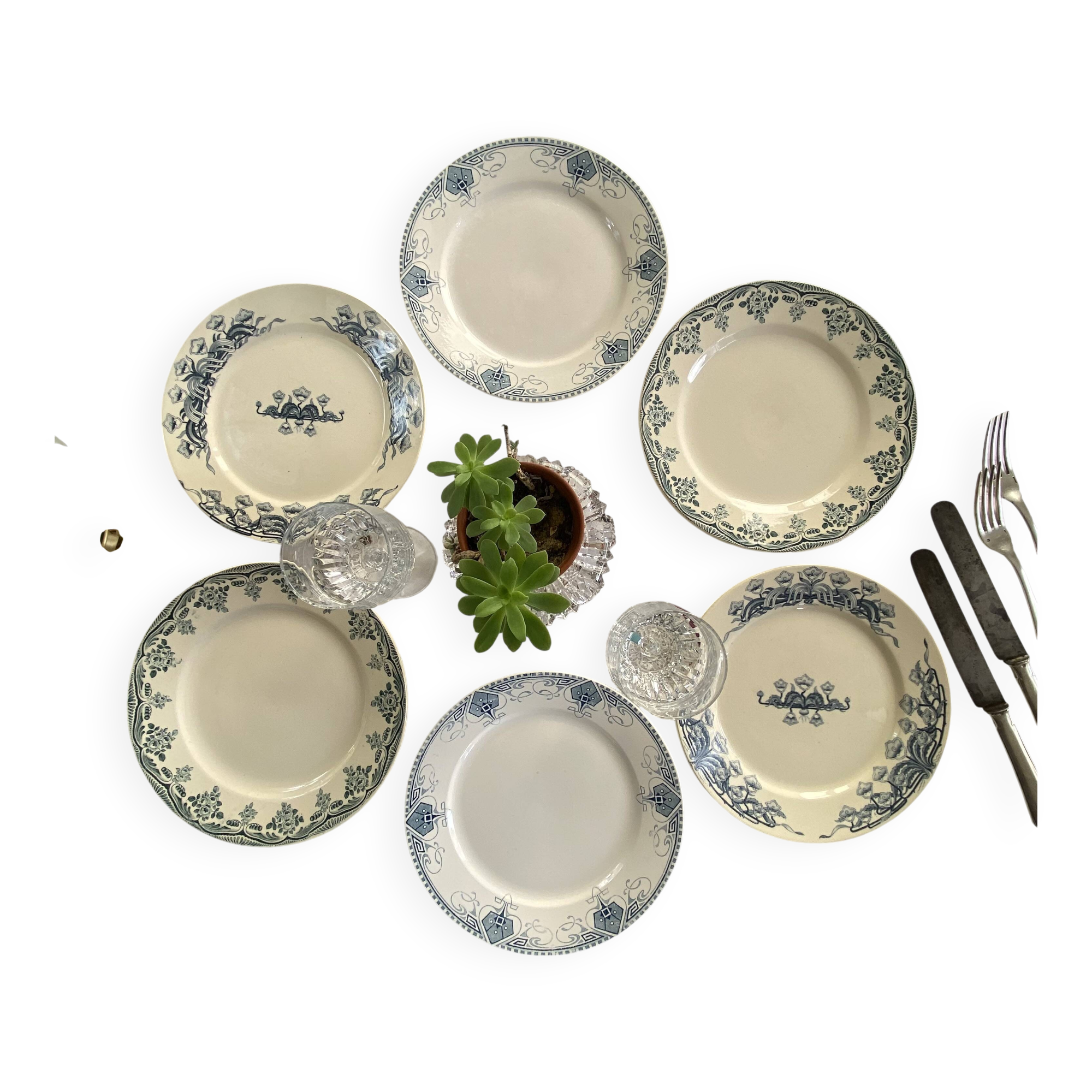 6 assiettes plates terre de fer faïence Sarreguemines Choisy le Roy