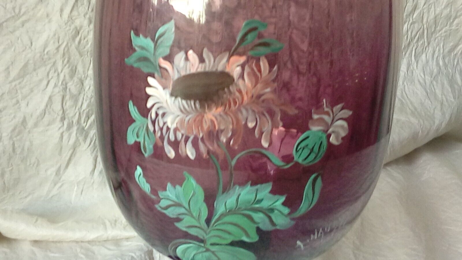 Enamelle vase large glass enamel on foot sign