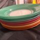 8 vintage Duralex deep plates from France – coloured glass from the 70s –