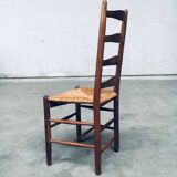 Rustic Handcrafted Oak and Rush High Back Dining Chairs, Belgium, 1940s, Set of 4