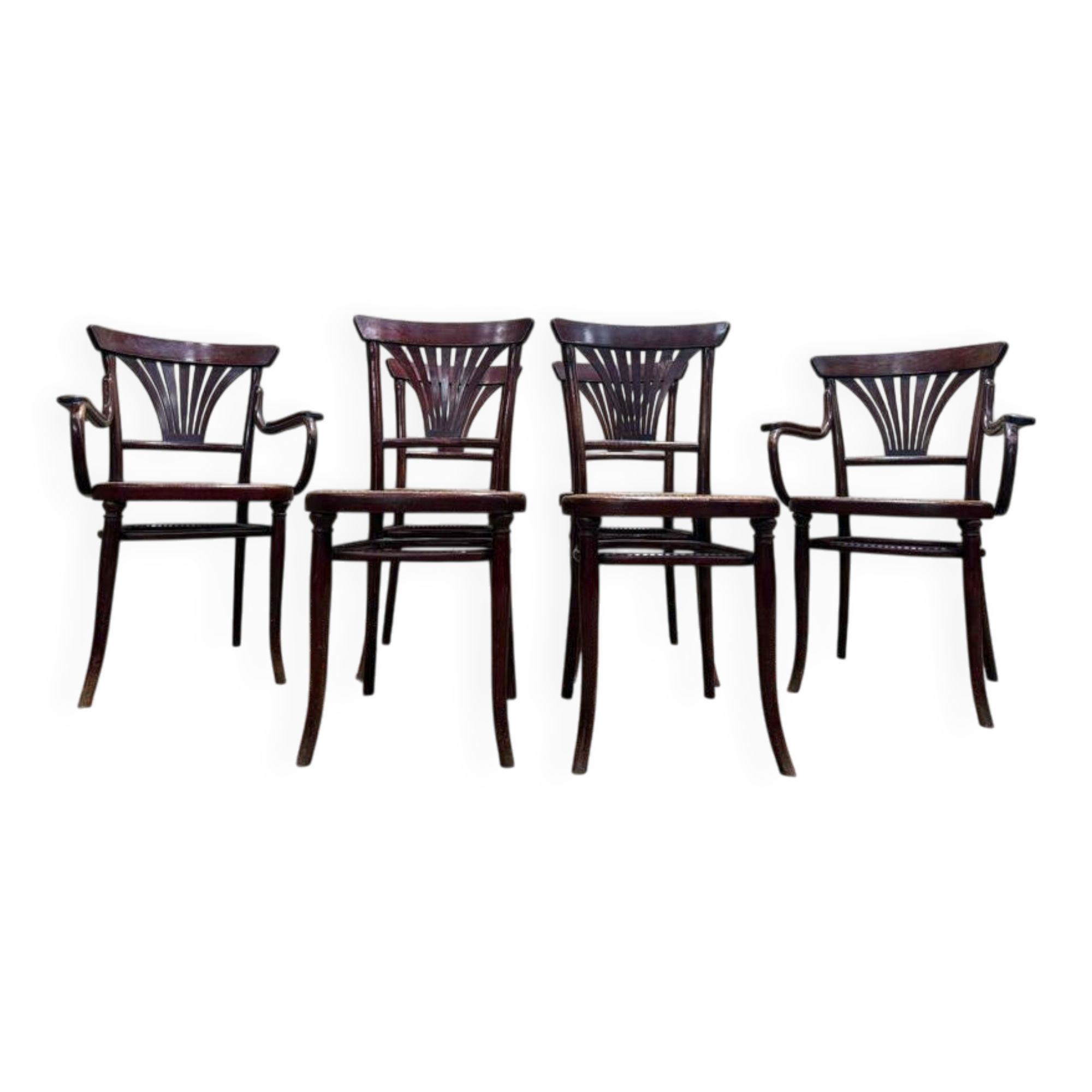 Suite de 4 chaises et deux fauteuils cannés thonet à "palmettes"