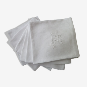 Set de 6 anciennes grandes serviettes de table en coton damassé blanc . Monogramme PG
