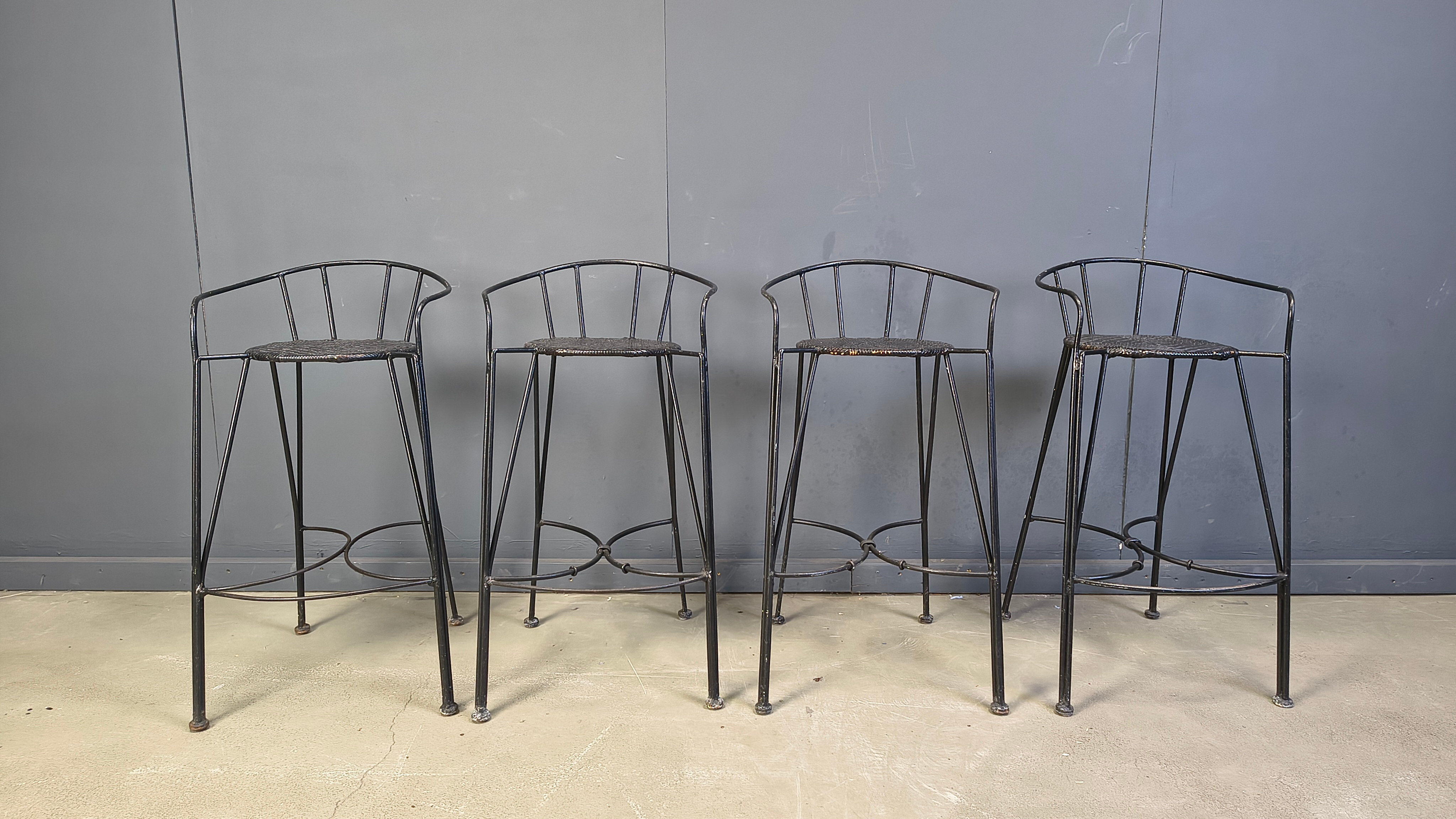 Tabourets de bar vintage en fer forgé et rotin, ensemble de 4 - années 1970