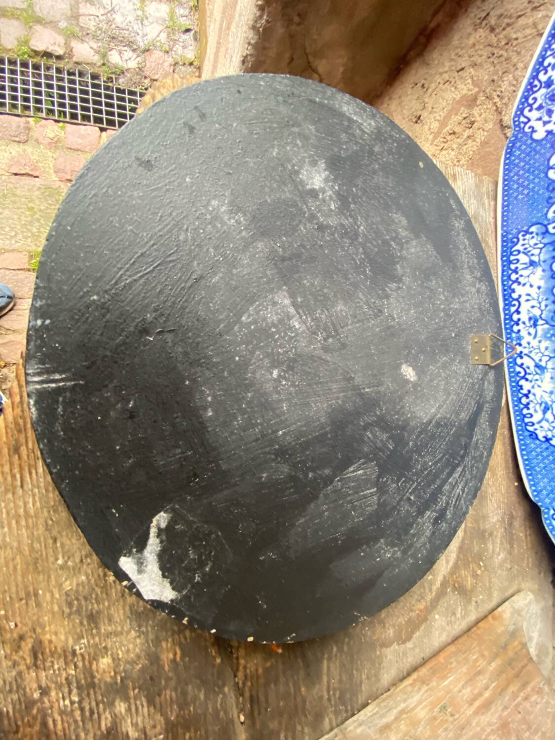Round ceramic mirror with blue mosaic decor circa 1960