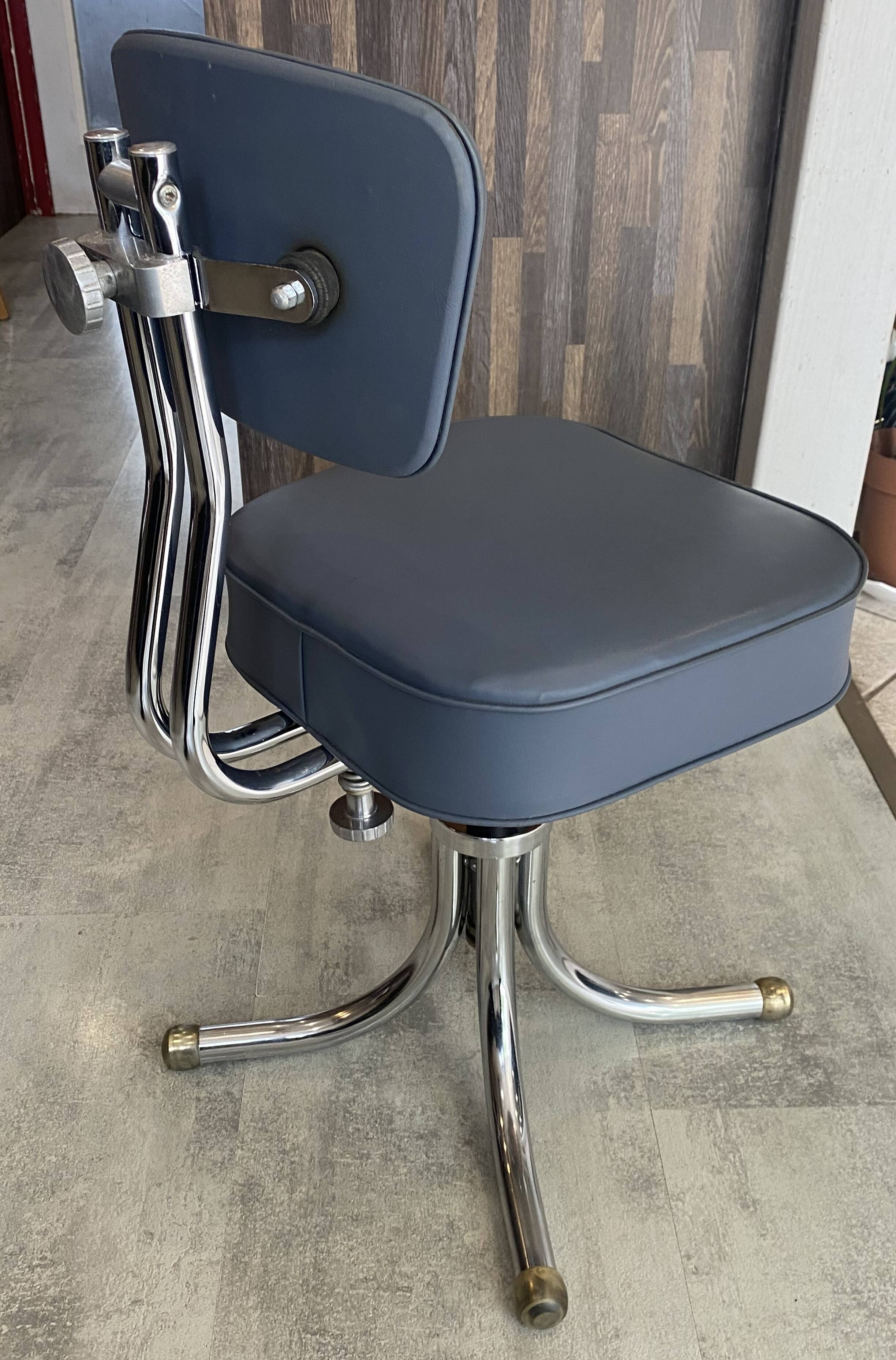 Swivel office chair in Roneo style, grey faux leather with vintage chrome.