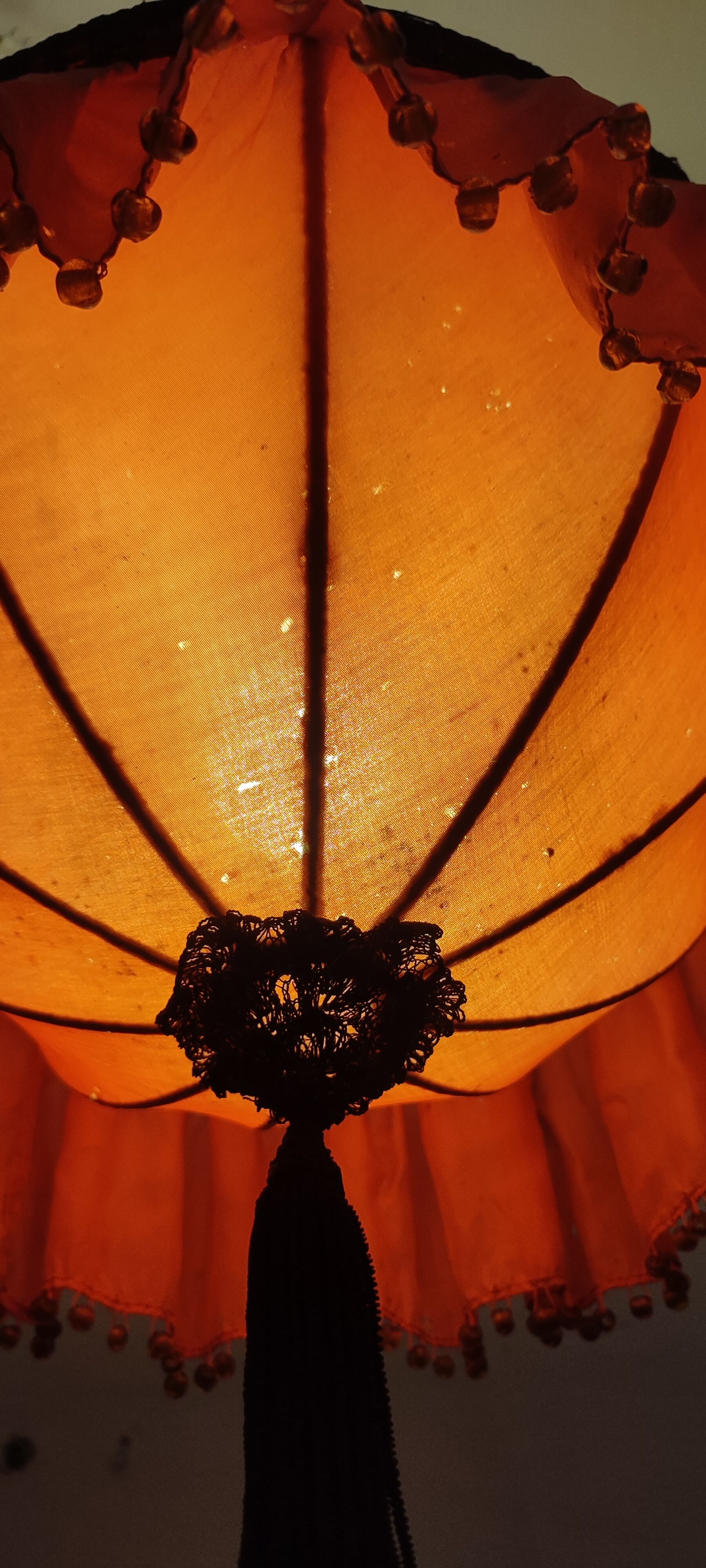 Ceiling lamp made of satin fabric and crystals, Spain, 1940