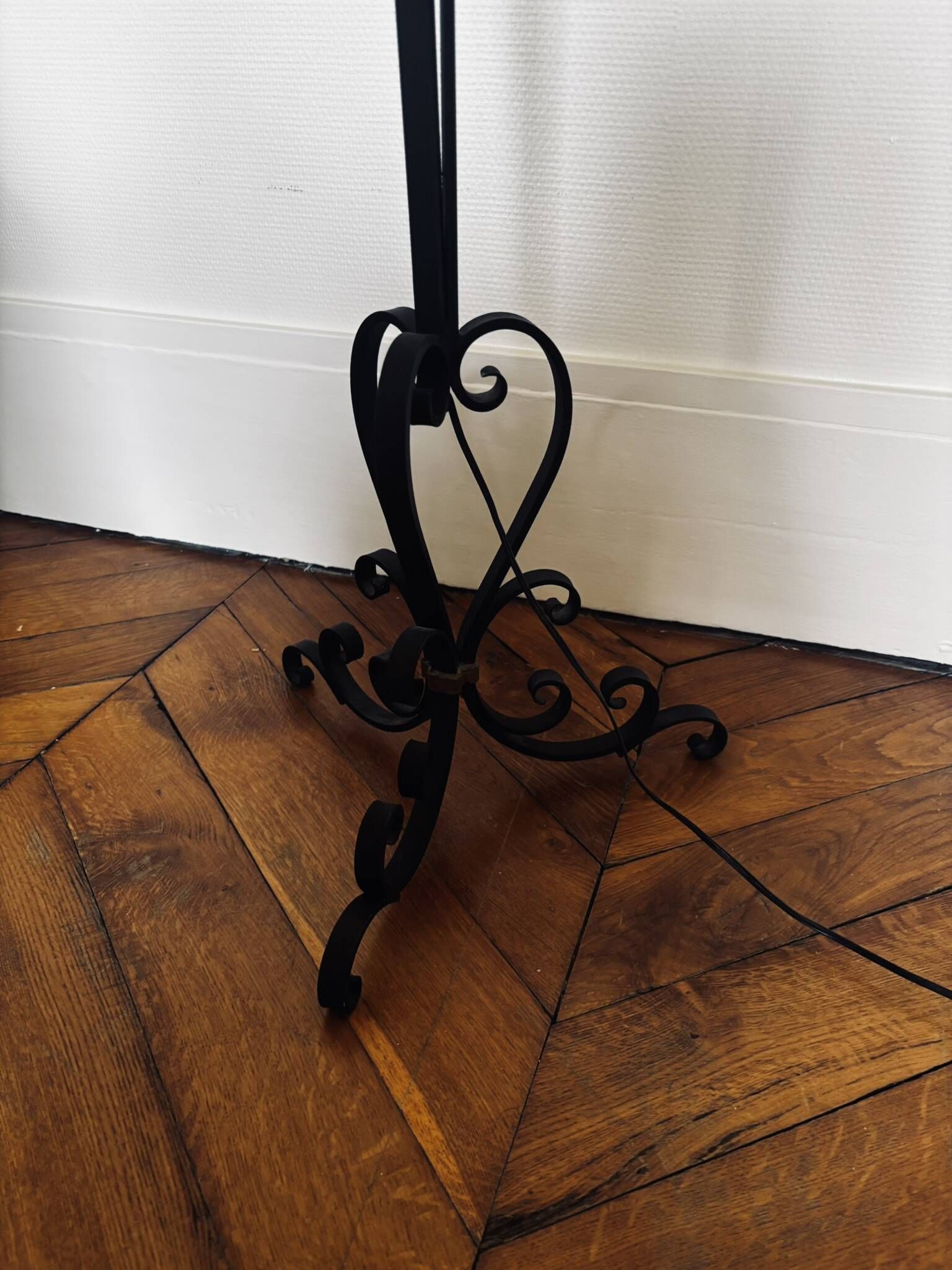 1950s floor lamp - wrought iron, gilded brass, and Sèvres crystal