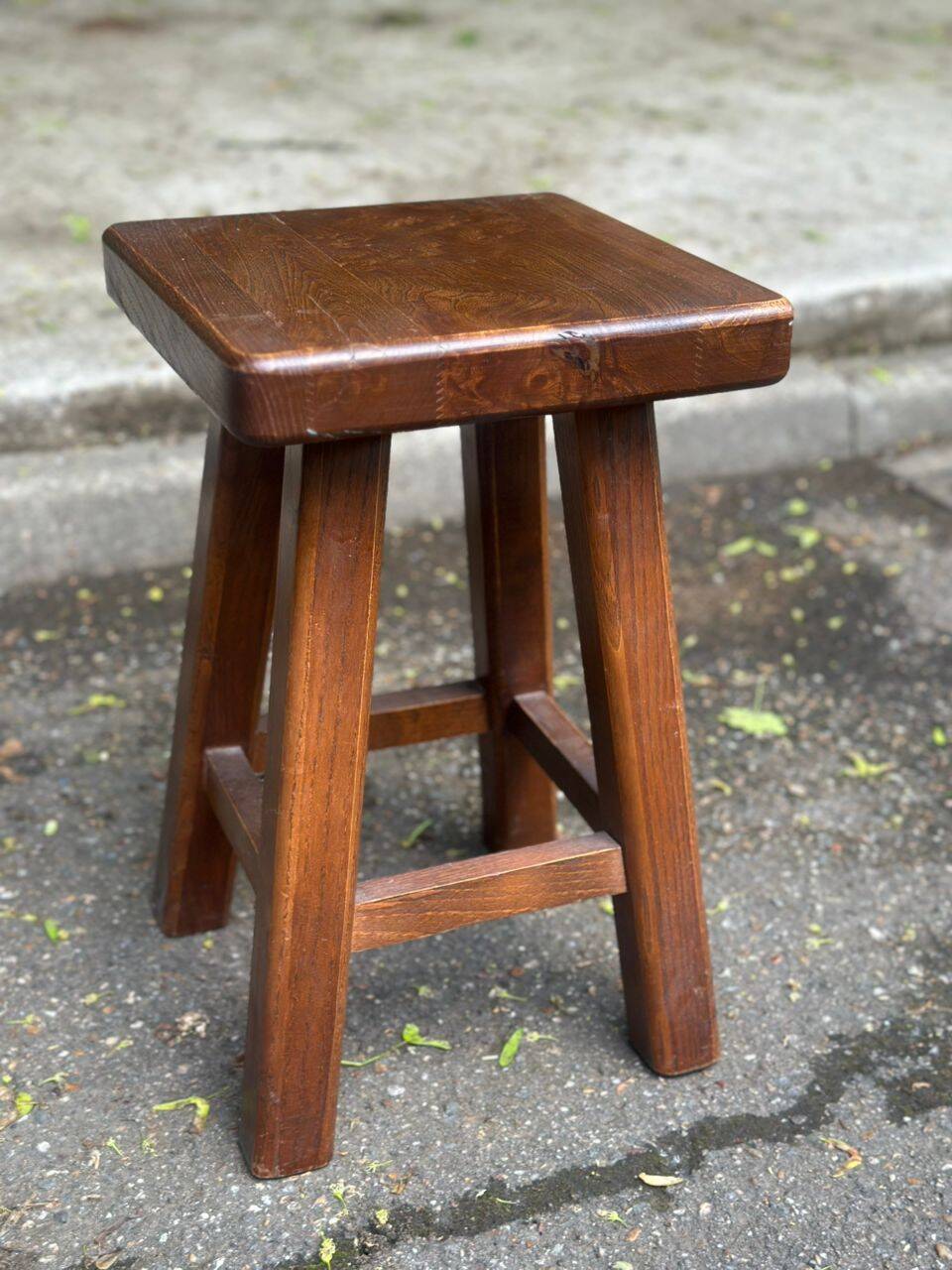Vintage square farmhouse stool in solid wood from the 1960s.