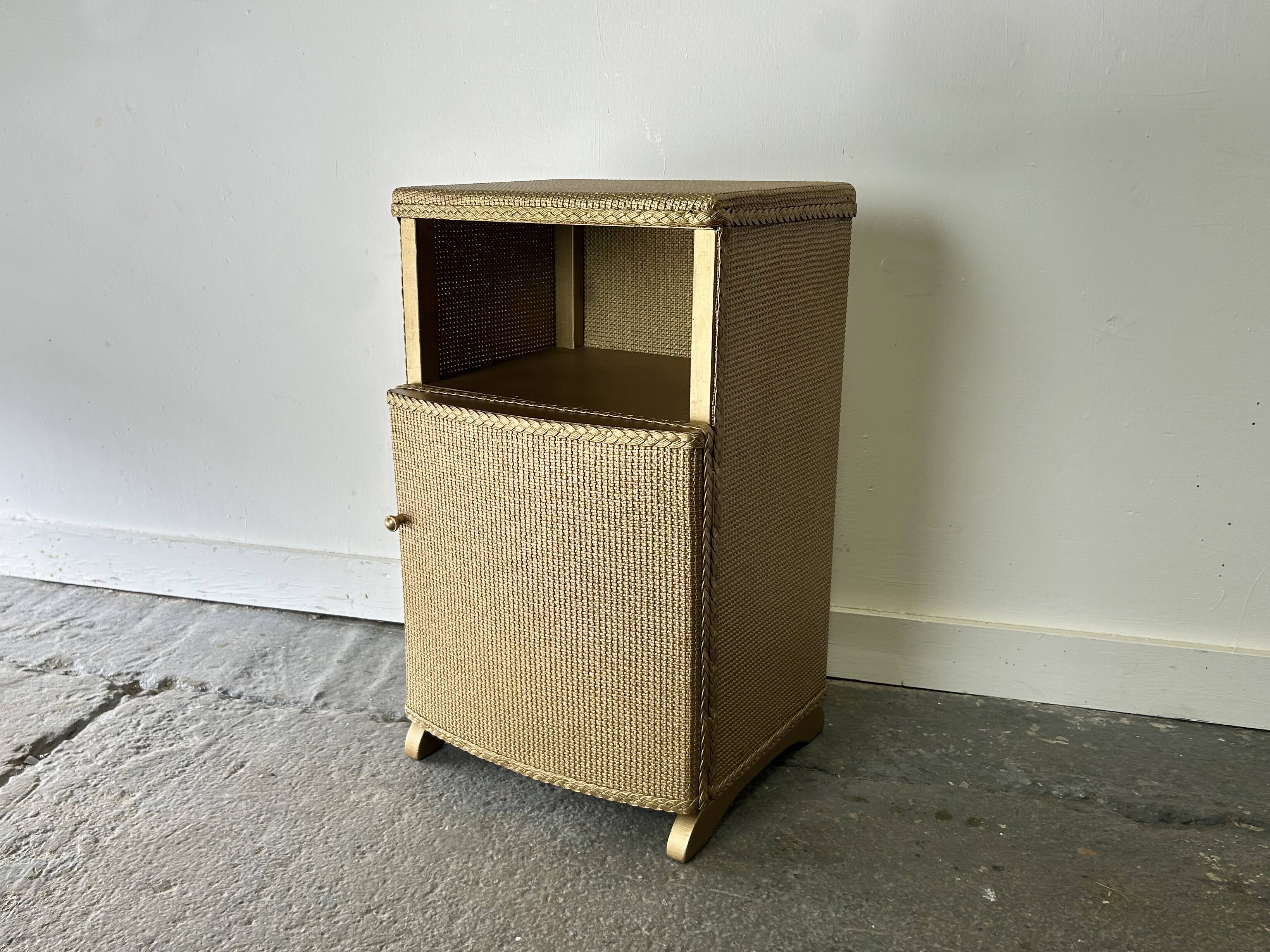 Vintage Lloyd Loom bedside cabinet champagne gold woven fibre 1930s-50s