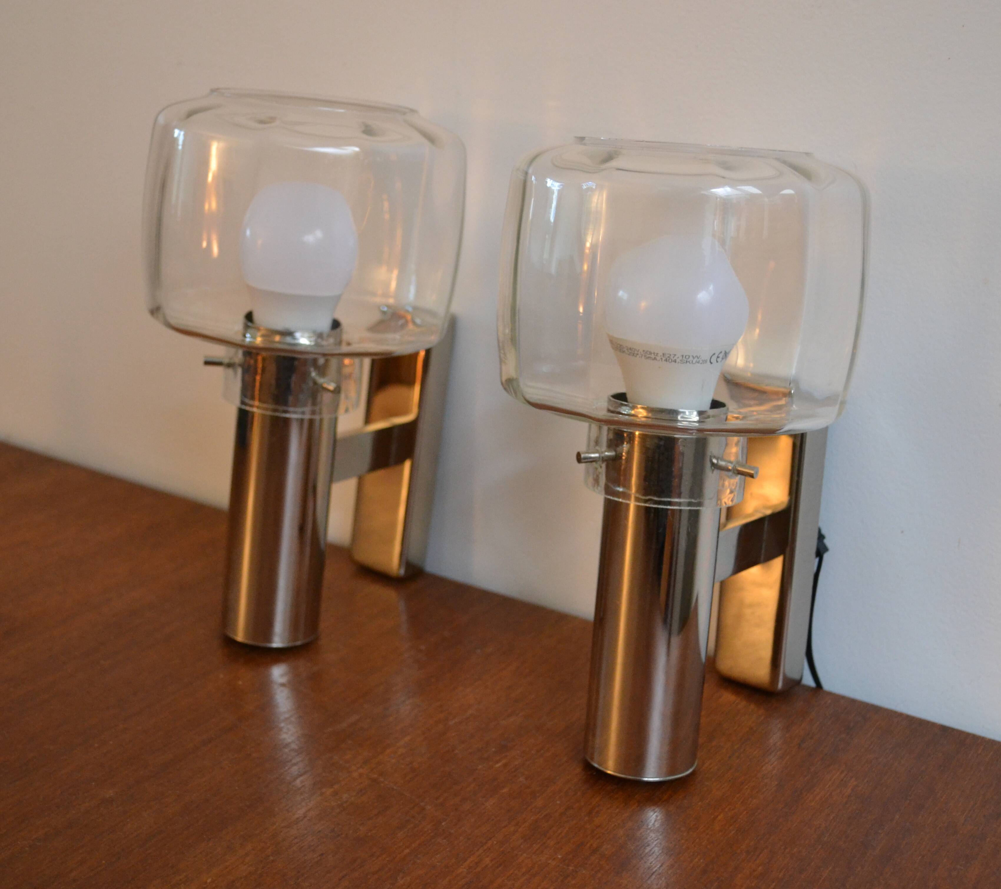 Paire d'appliques Maison Sciolari chrome verre années 60/70
