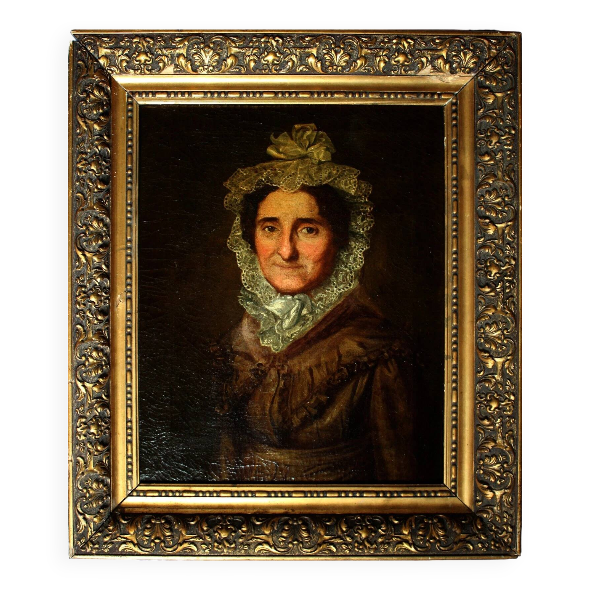 Antique Oil Painting of Portrait of a Lady in Bonnet