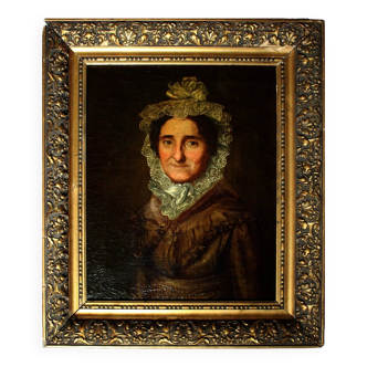 Peinture à l'huile ancienne représentant un portrait de dame en bonnet