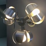 Space-age pendant lamp with 3 stainless steel lights and brushed aluminum adjustable in height - design 1970