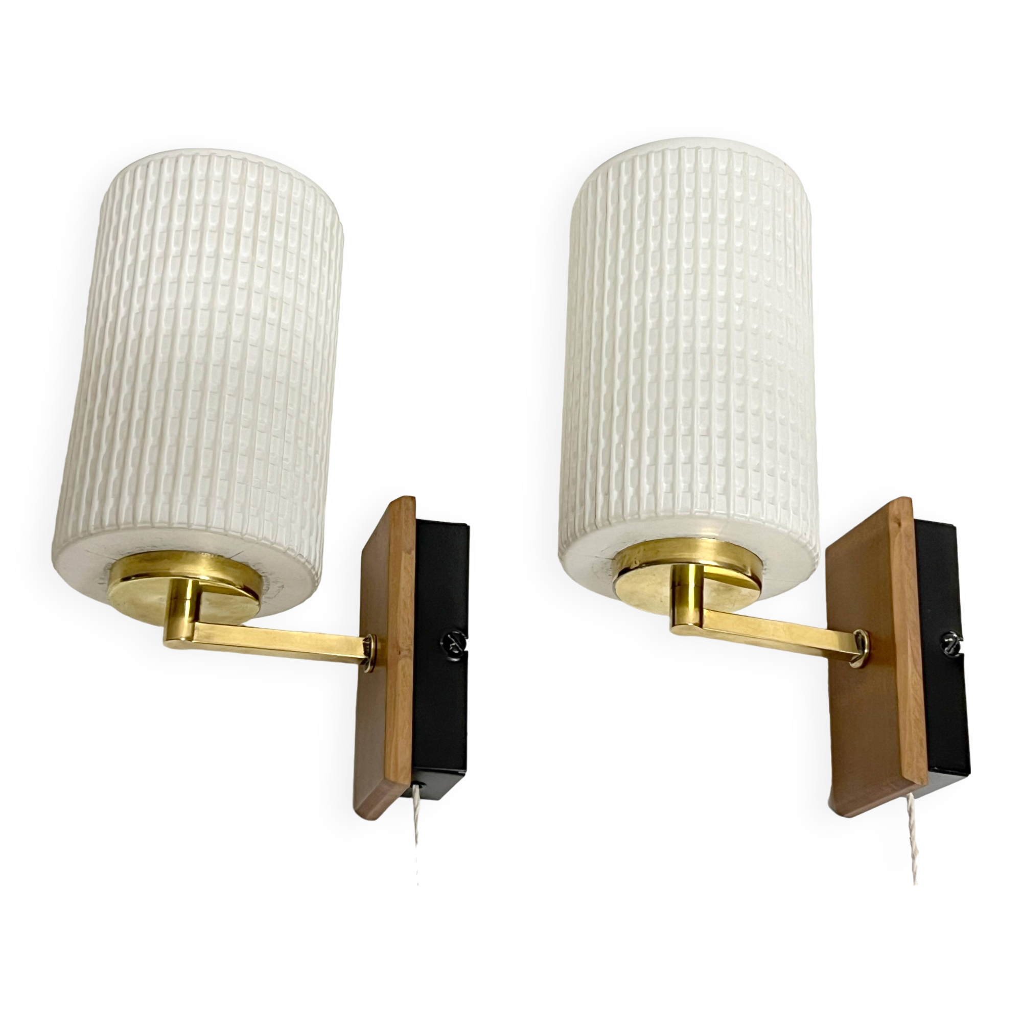 Pair of Scandinavian Wall Lights - Opaline Brass Wood - 50's 60's