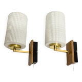 Pair of Scandinavian Wall Lights - Opaline Brass Wood - 50's 60's