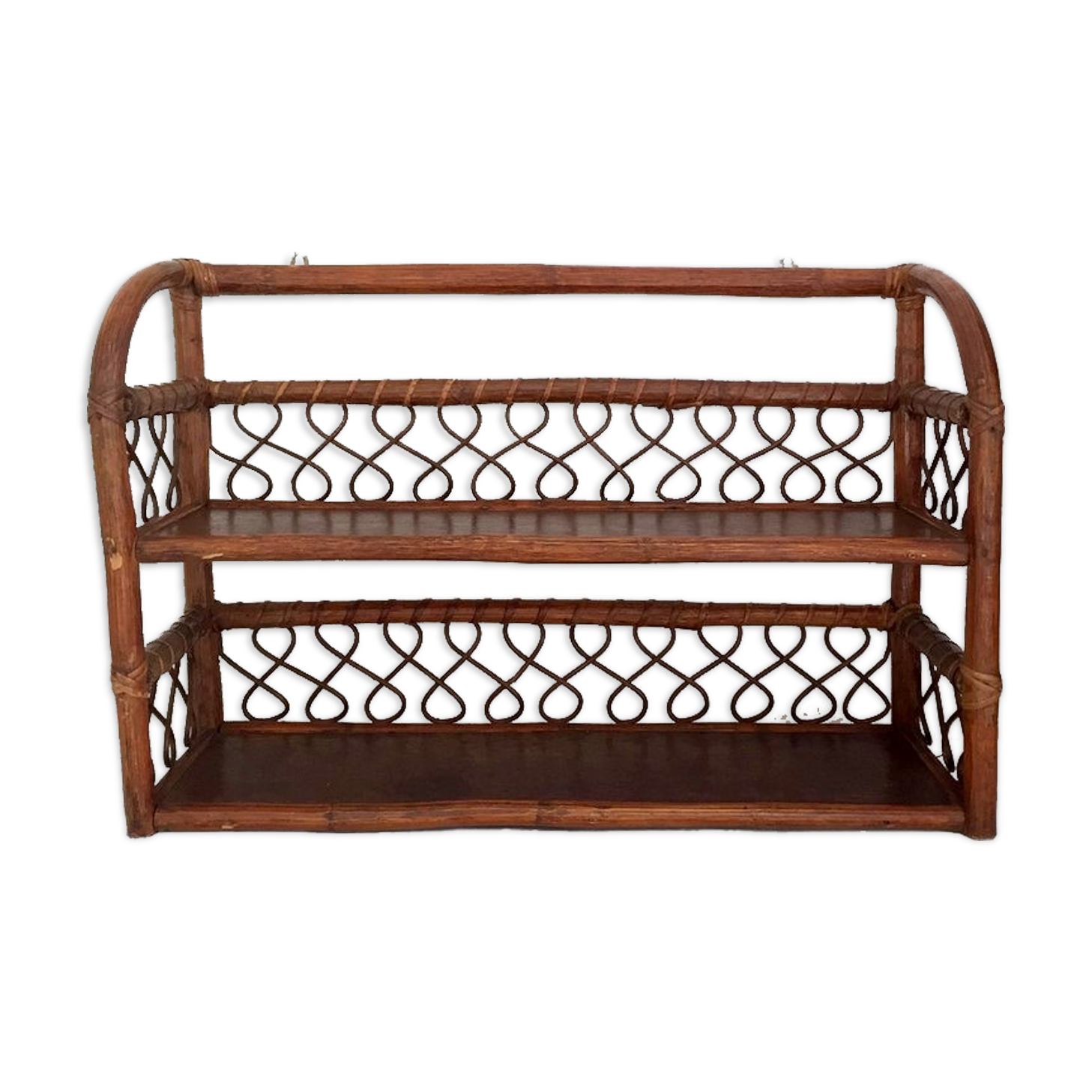 Wall shelf in wood, cannage and rattan from the 60s