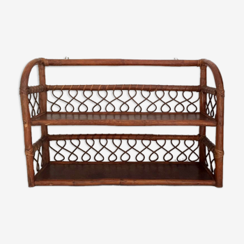 Wall shelf in wood, cannage and rattan from the 60s