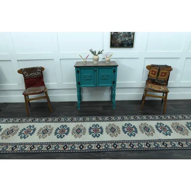 1970s Vintage Turkish Handmade Wool & Cotton Beige Runner Rug 84x402