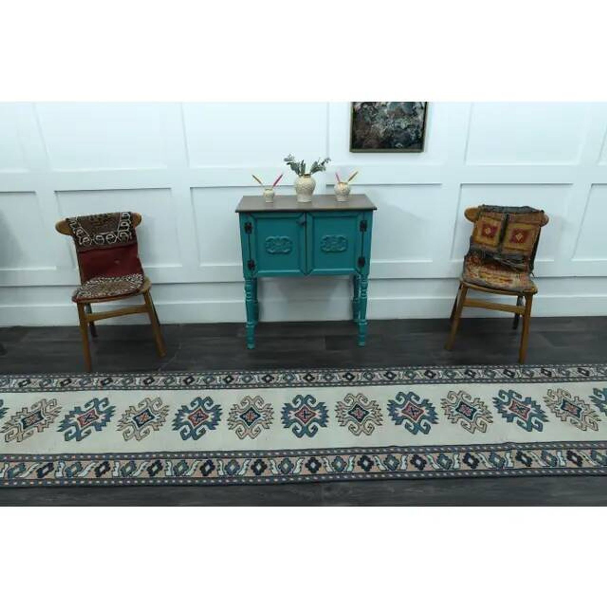 1970s Vintage Turkish Handmade Wool & Cotton Beige Runner Rug 84x402