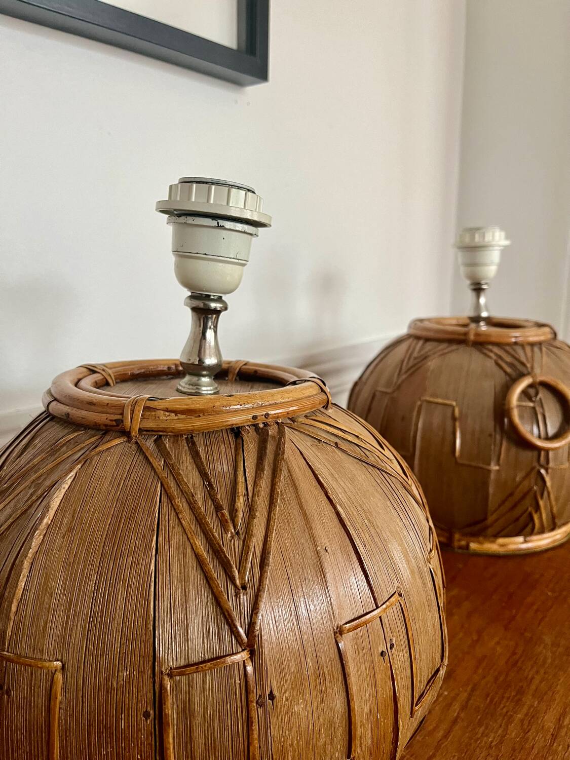 Pair of vintage rattan ball lamp bases