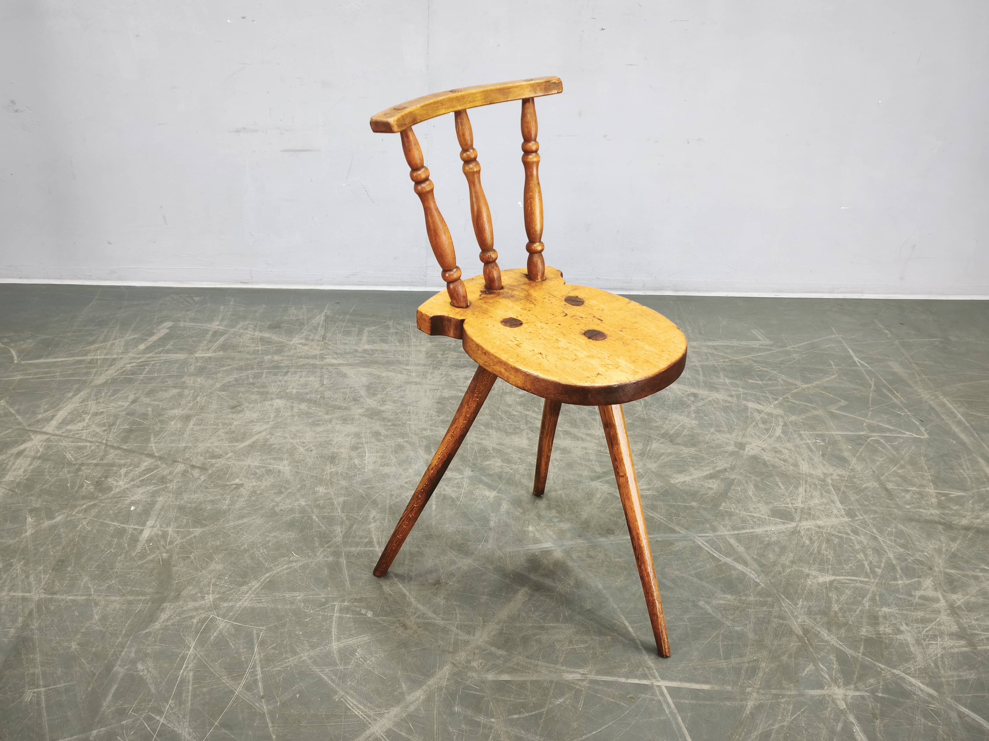Primitive Solid Beech Folk Chair, Czechoslovakia, 1940s