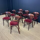 Lot de 8 fauteuils bistrot vauzelle a palmettes bois foncé et velours rouge