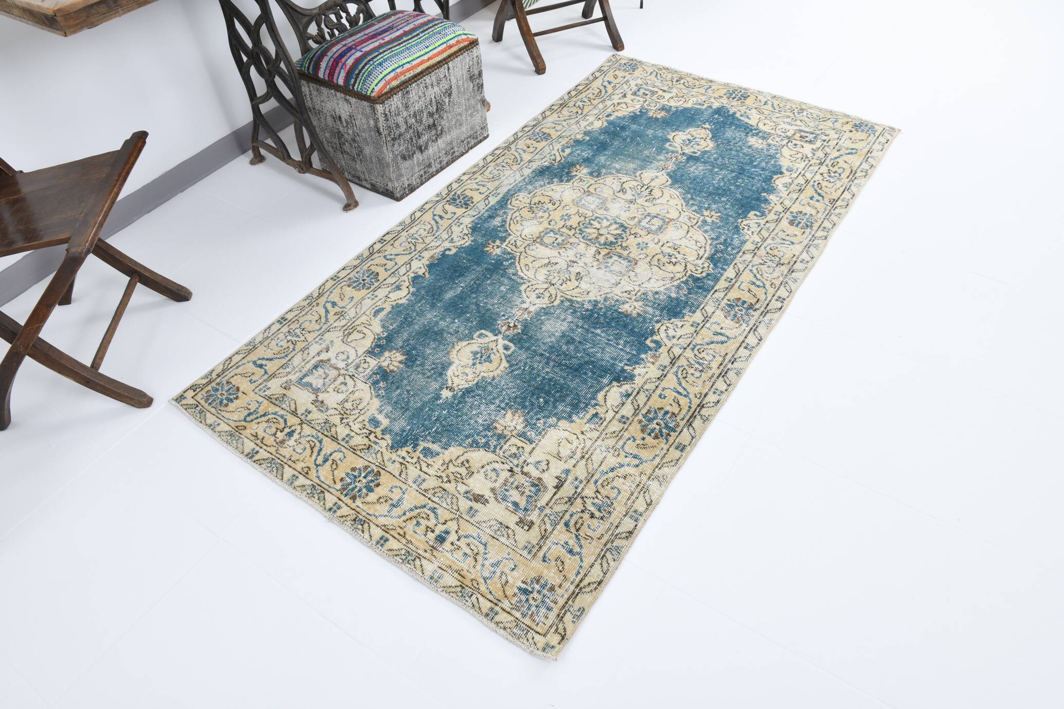 4x7 Rustic Blue & Beige Handmade Persian Rug, 112x212Cm SK 17715