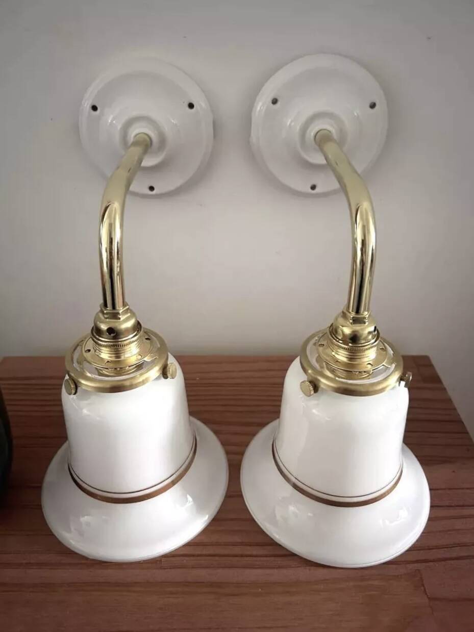 Pair of white opaline and ceramic wall lights