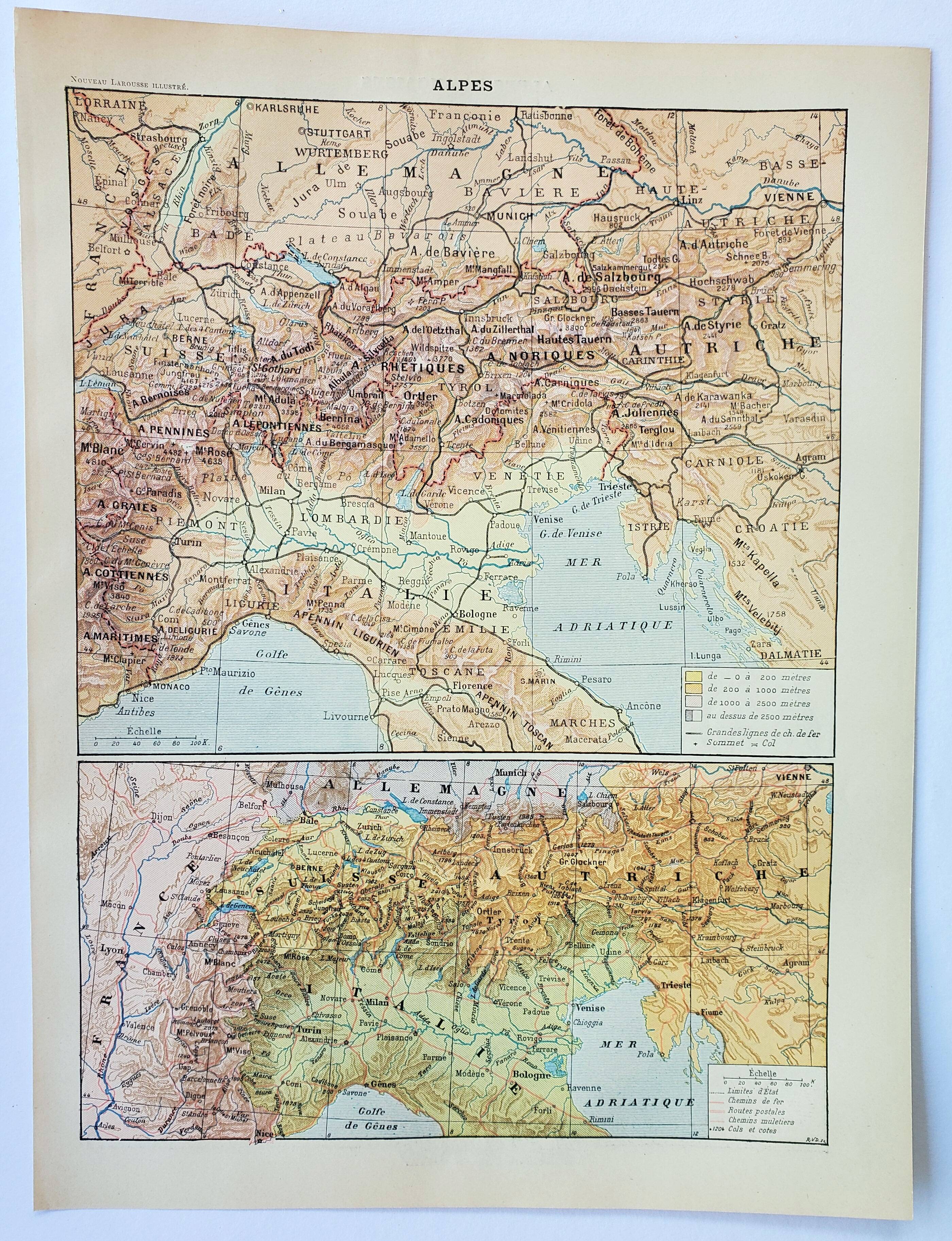 Old engraving 1898, Alps, map, mountain • Original and vintage lithograph