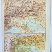 Old engraving 1898, Alps, map, mountain • Original and vintage lithograph