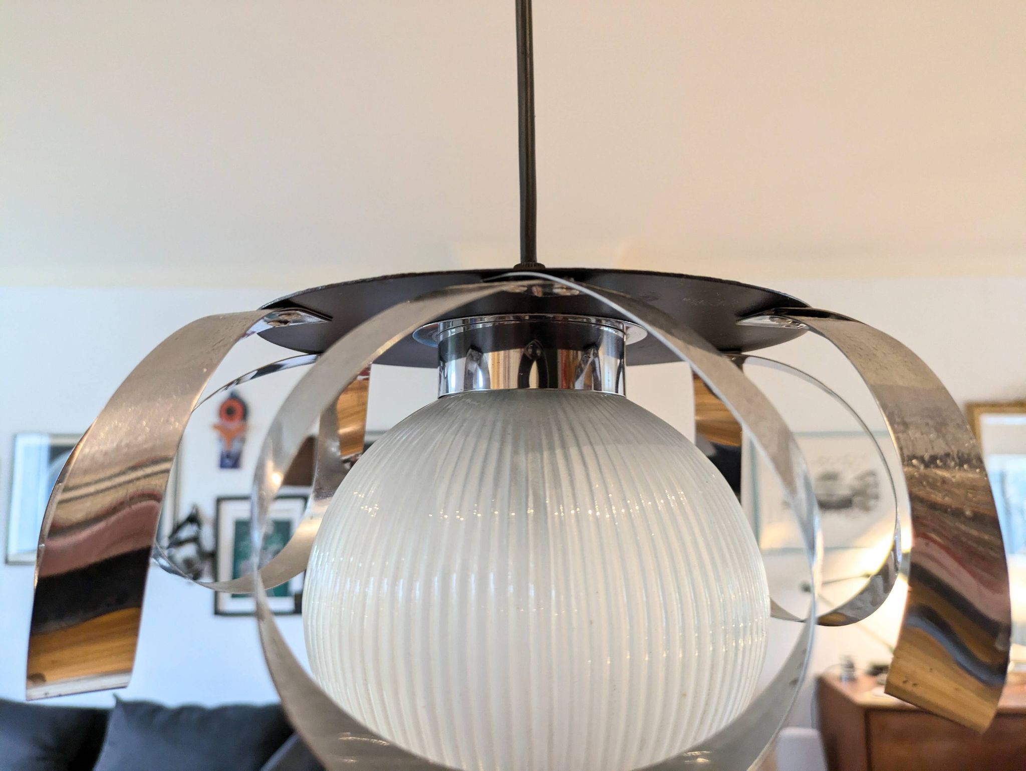 Suspension space age en inox et verre, années 70