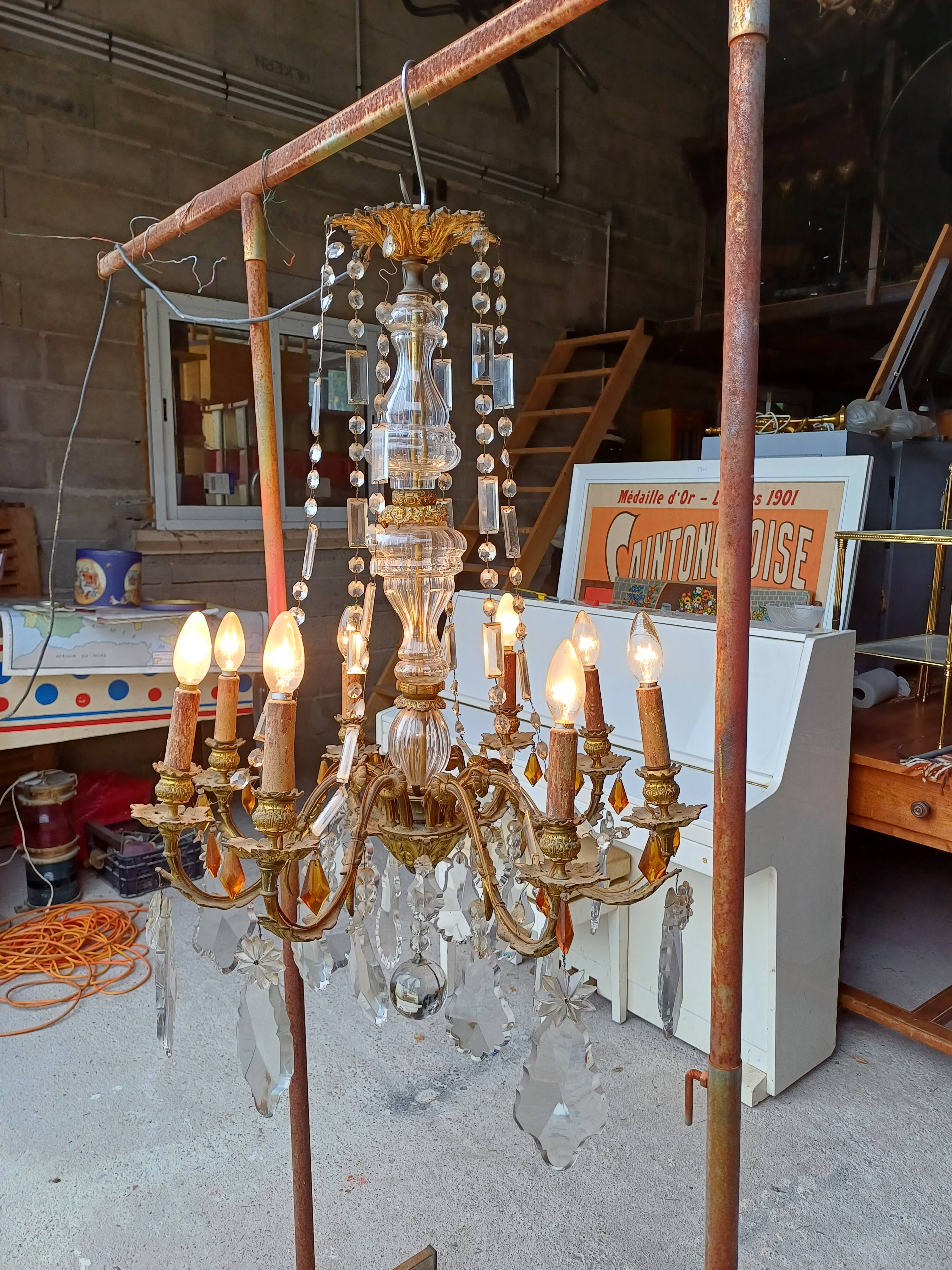 19th Bronze and Crystal Chandelier